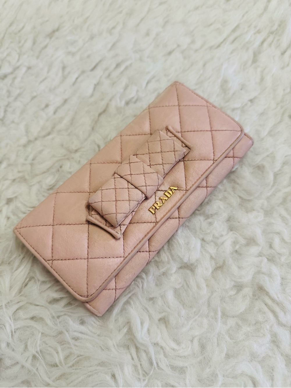 Prada Quilted Bow Leather Wallet - Light Pink with Gold Logo